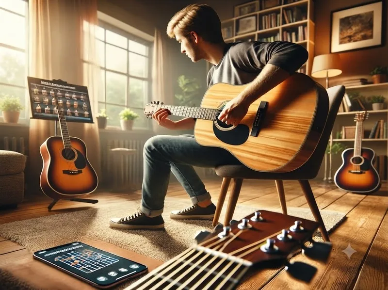 Người học guitar luyện một ca khúc hoàn chỉnh sau thời gian tập luyện đều đặn