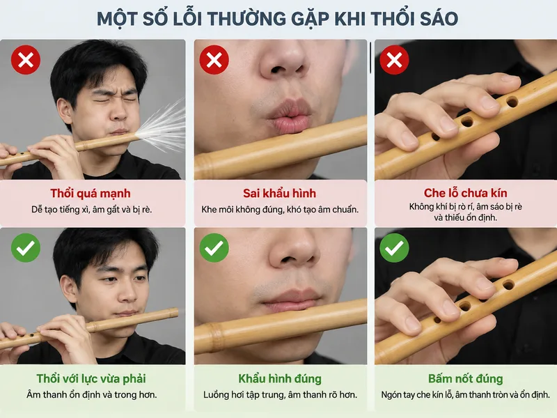 Những lỗi như thổi quá mạnh, sai khẩu hình hoặc che lỗ chưa kín có thể khiến âm sáo bị rè và thiếu ổn định.