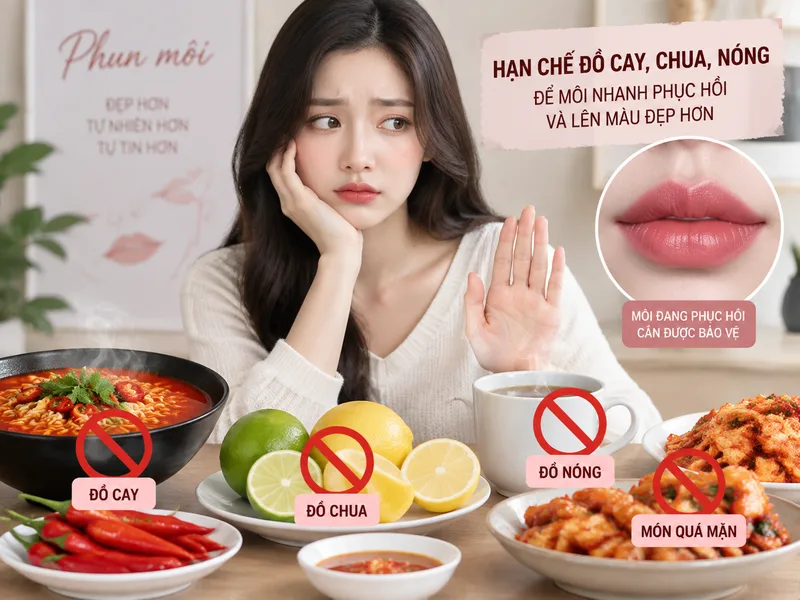 Sau khi phun môi, nên hạn chế món cay, chua, nóng để tránh cảm giác rát và khó chịu cho môi đang phục hồi.