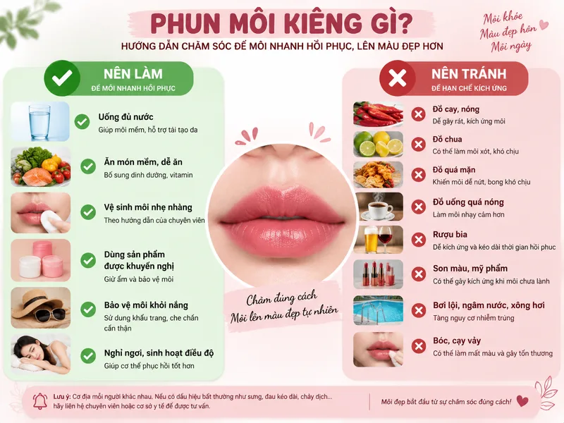 Bảng hướng dẫn giúp ghi nhớ nhanh phun môi kiêng gì và những việc nên làm để môi hồi phục tốt.