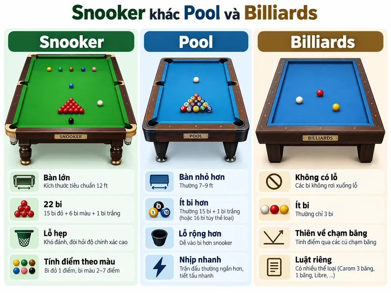 Snooker khác pool ở kích thước bàn, số lượng bi, miệng lỗ và hệ thống tính điểm, trong khi carom thường chơi trên bàn không lỗ.