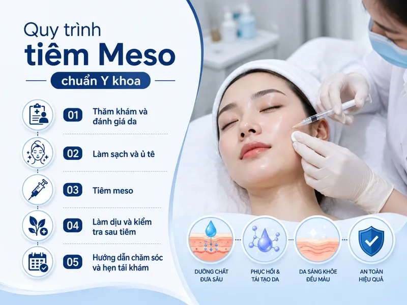 Một quy trình tiêm meso an toàn cần bắt đầu bằng tư vấn, kiểm tra sản phẩm, đánh giá da và hướng dẫn chăm sóc sau thủ thuật.